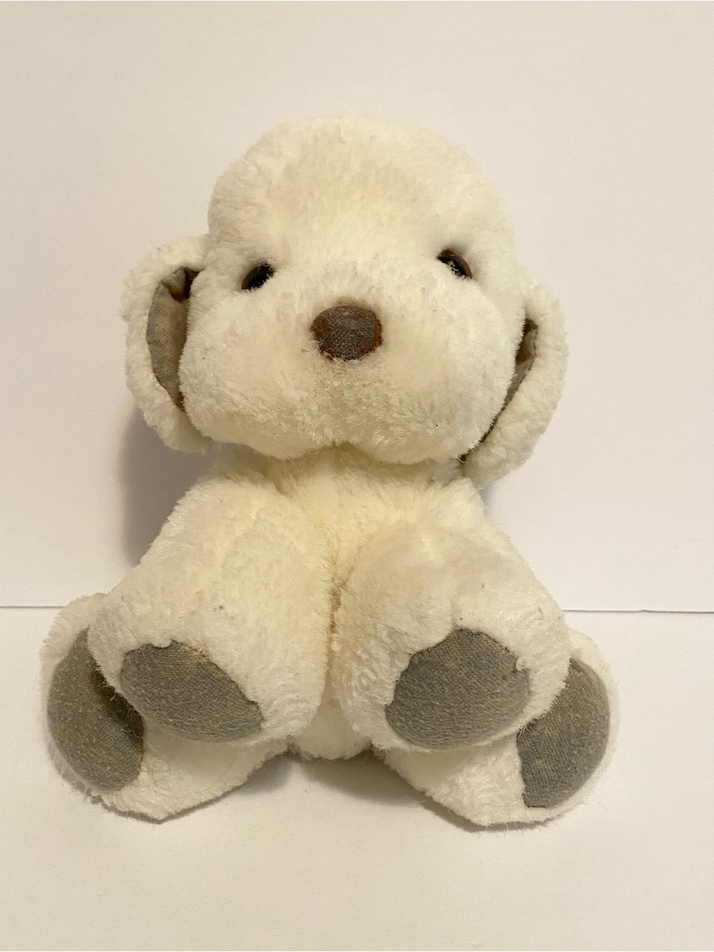 Gund 1983 Puppy Dog Rattle Plush White Baby Toy Stuffed Animal Spot on Back 9”
